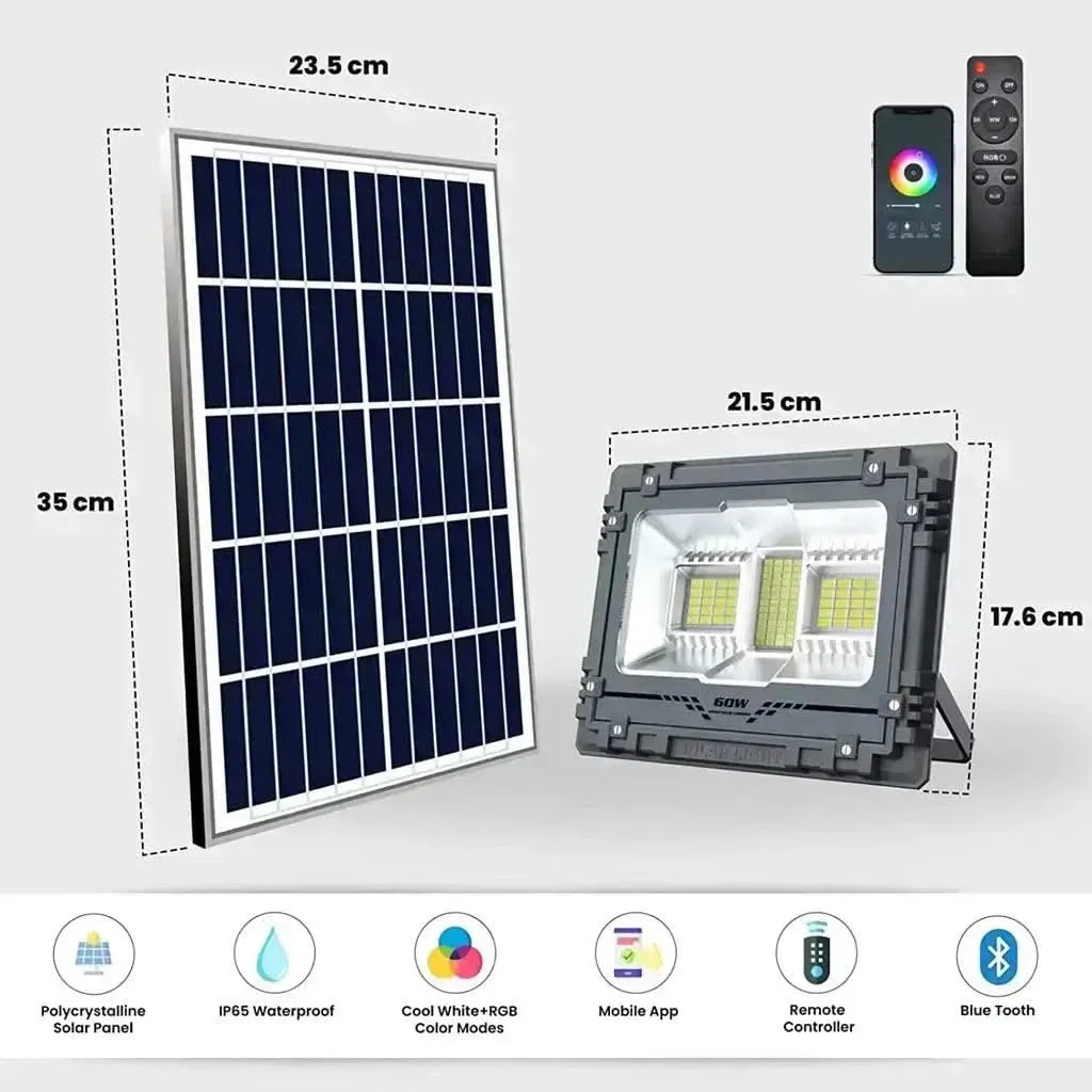 Solar Powered RGB Flood Light 60W Waterproof LED Garden Light for Wall, Patio with LED Bluetooth Music Rhythm