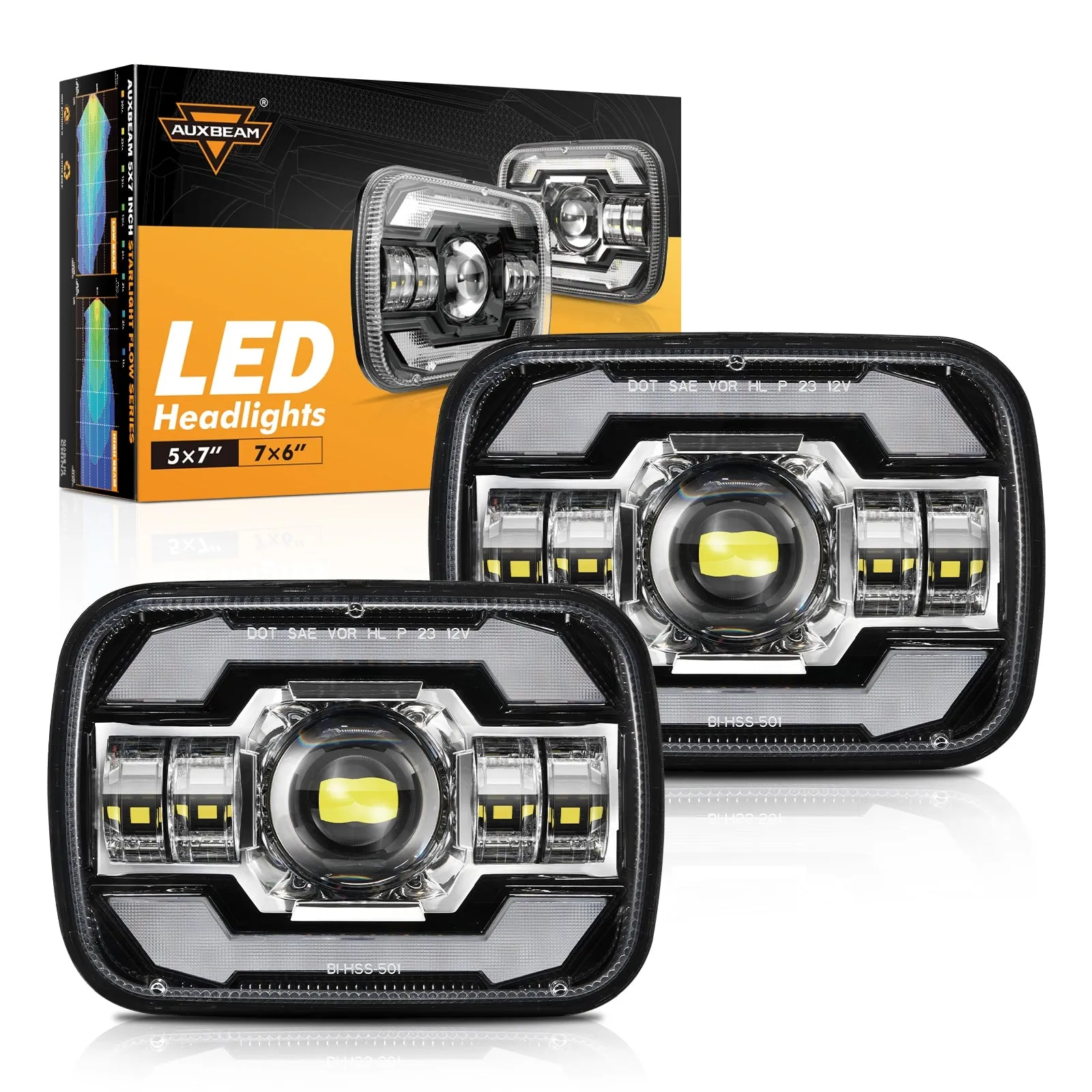 Starlight Flow Series 7x6 Inch Sealed Beam LED Headlights with Hi-Lo Beam & Amber Turn Signal White DRL for JEEP, Trucks, GMC, Chevrolet