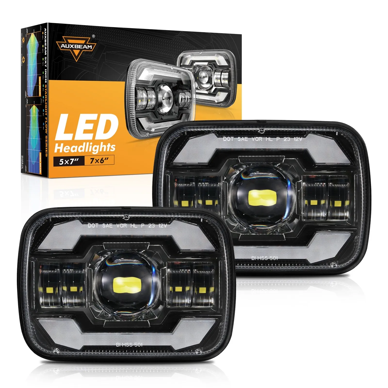 Starlight Flow Series 7x6 Inch Sealed Beam LED Headlights with Hi-Lo Beam & Amber Turn Signal White DRL for JEEP, Trucks, GMC, Chevrolet