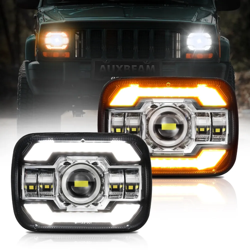 Starlight Flow Series 7x6 Inch Sealed Beam LED Headlights with Hi-Lo Beam & Amber Turn Signal White DRL for JEEP, Trucks, GMC, Chevrolet