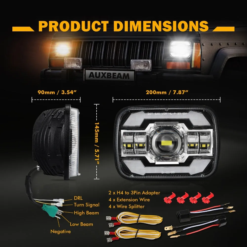 Starlight Flow Series 7x6 Inch Sealed Beam LED Headlights with Hi-Lo Beam & Amber Turn Signal White DRL for JEEP, Trucks, GMC, Chevrolet