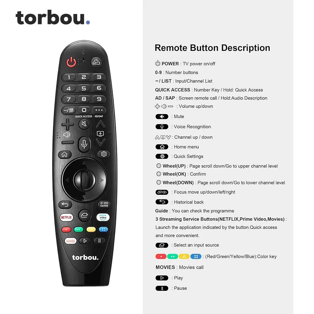 Torbou Magic Remote Control with Voice and Pointer Function Universal Torbou and LG Remote for LG UHD OLED QNED NanoCell 4K 8K Models Netflix and Prime Video Hot Keys,Google/Alexa