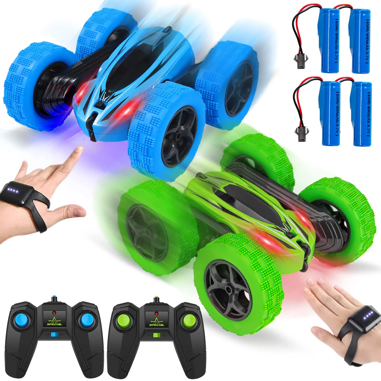 WHIZMAX 2PACK RC Stunt Car Remote Control Car with Wheel Lights Blue Green