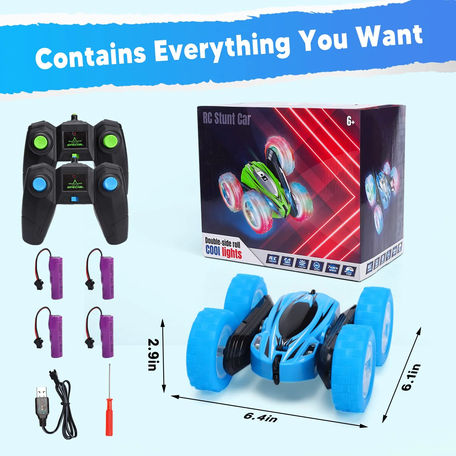 WHIZMAX 2PACK RC Stunt Car Remote Control Car with Wheel Lights Blue Green