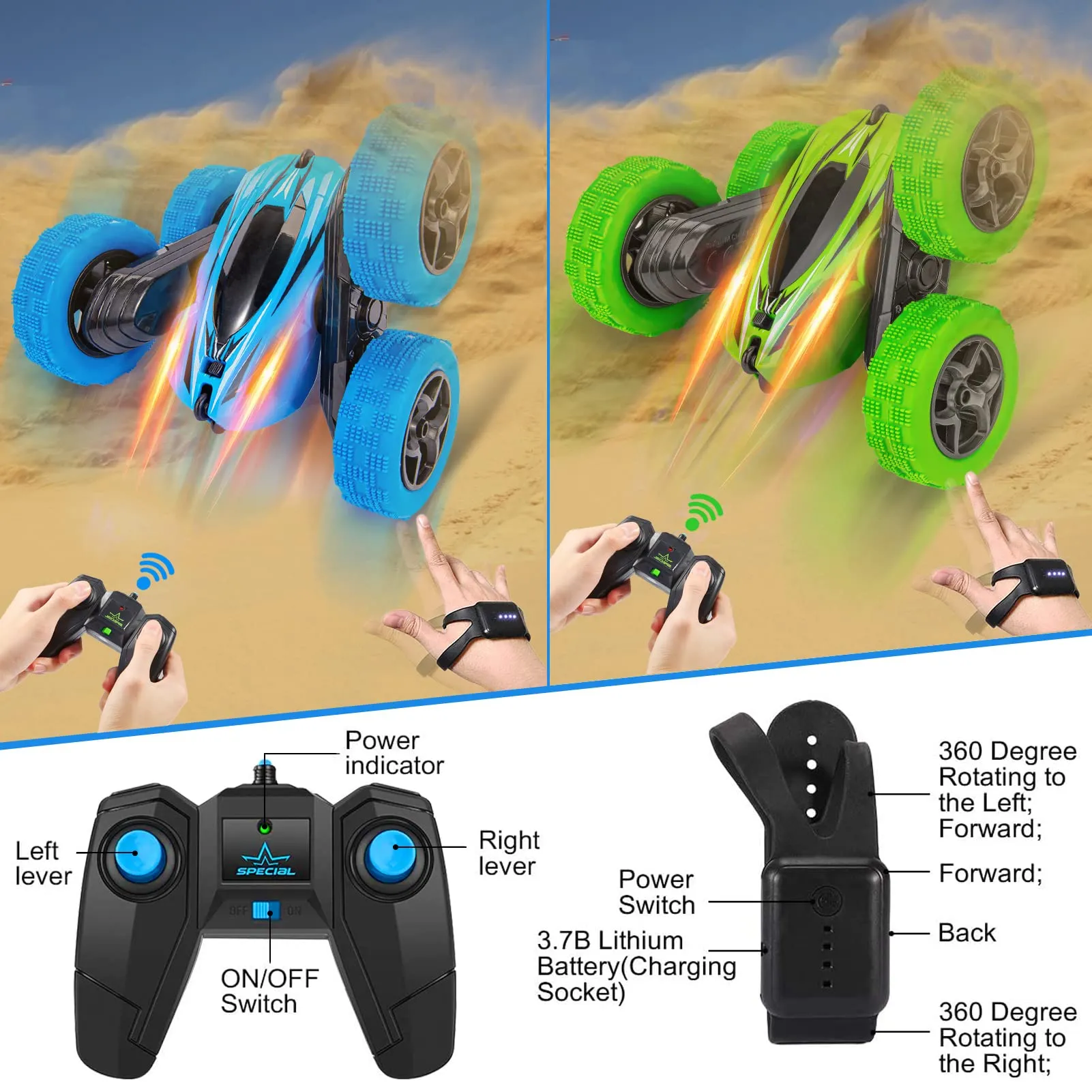 WHIZMAX 2Pack RC Stunt Car Watch Gesture Sensor Car Blue Green