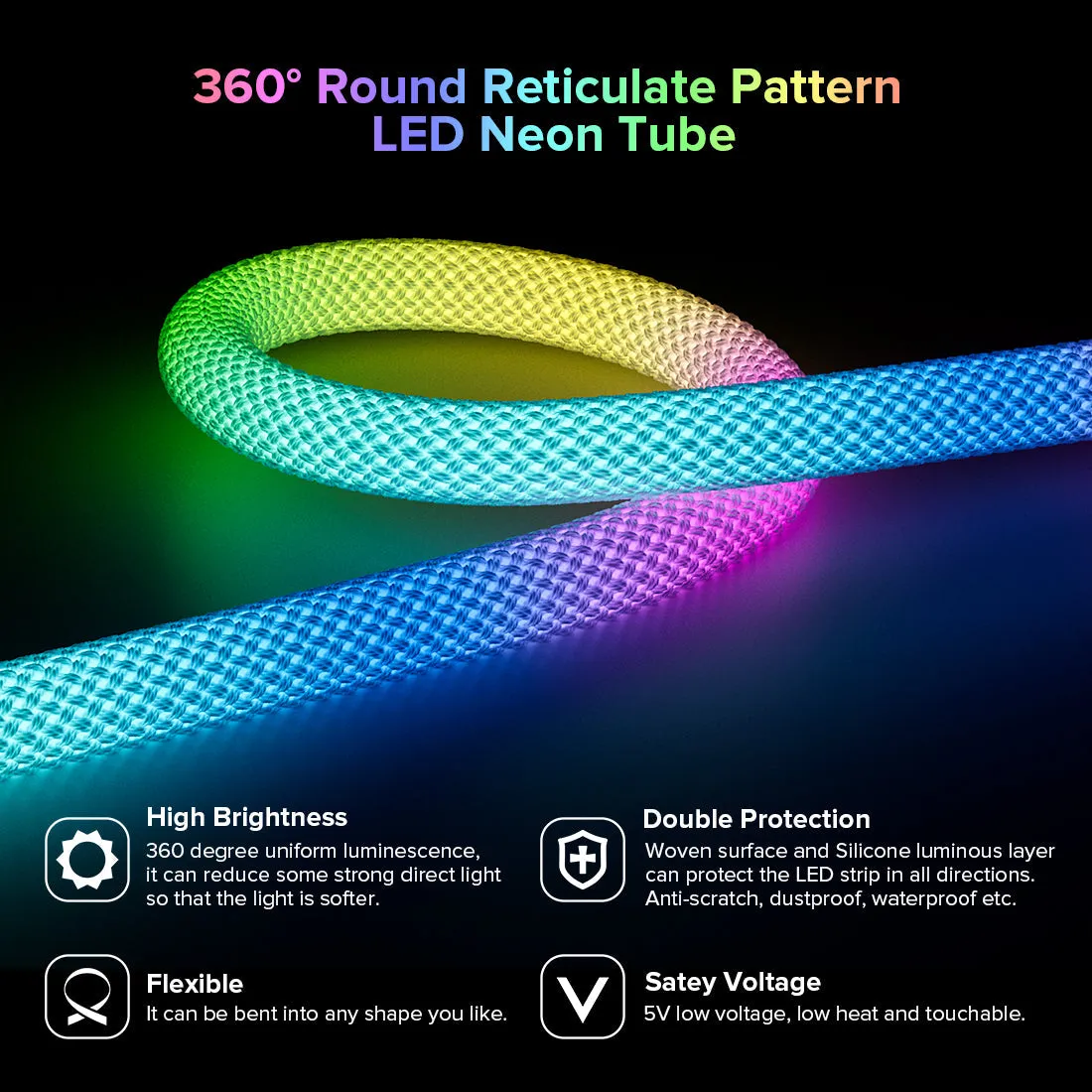 WS2812B RGB 360 Degree Round Reticulate Dream Chasing Color Neon LED Strip 50LEDs/M DC5V Flexible Silicone IP67 Waterproof