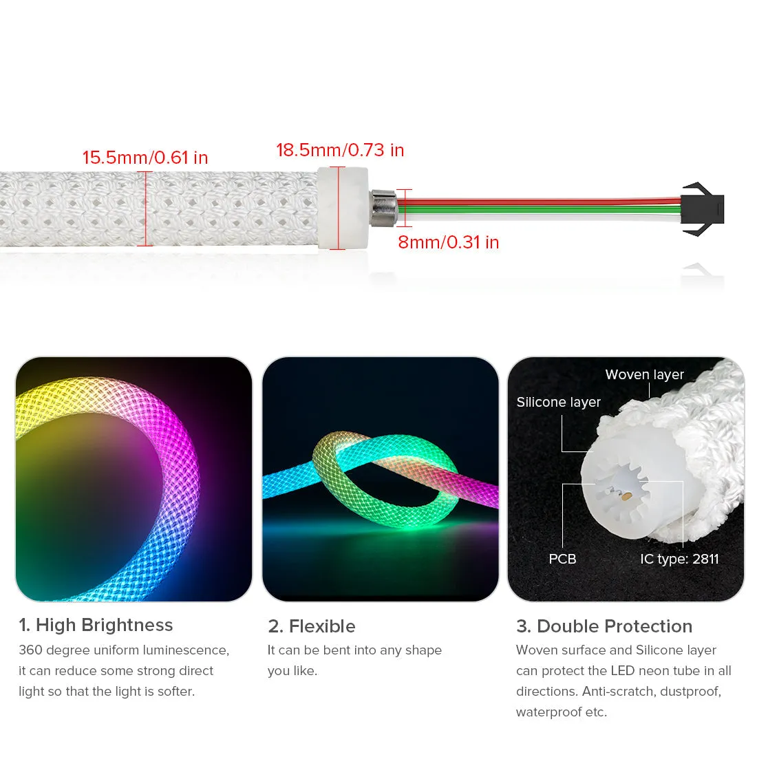 WS2812B RGB 360 Degree Round Reticulate Dream Chasing Color Neon LED Strip 50LEDs/M DC5V Flexible Silicone IP67 Waterproof